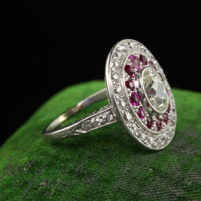 Antique Edwardian Platinum Old Mine Oval Diamond and Ruby Engagement Ring