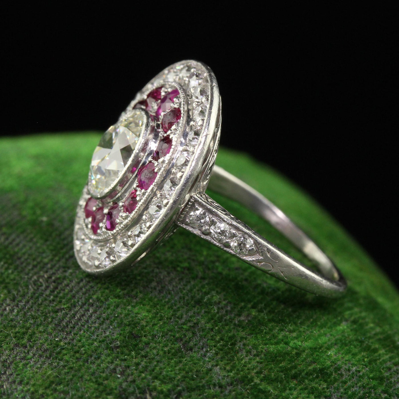 Antique Edwardian Platinum Old Mine Oval Diamond and Ruby Engagement Ring