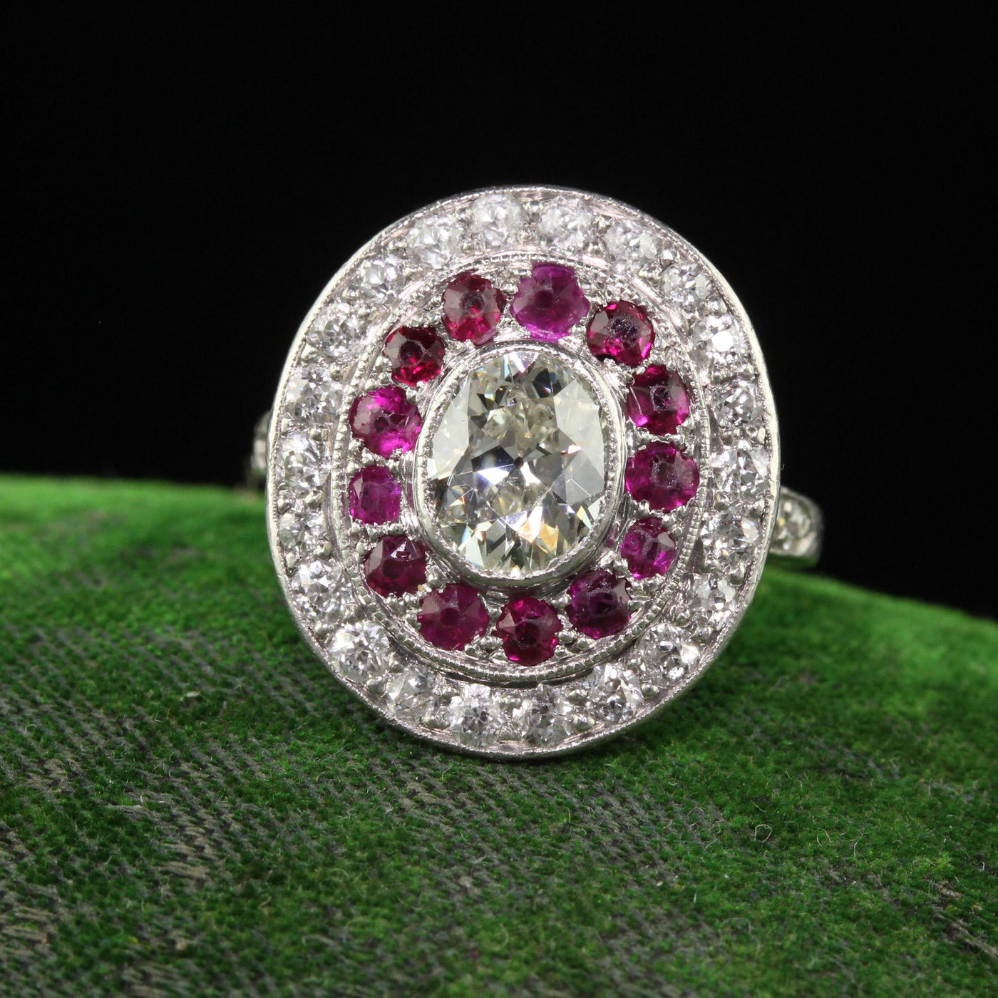 Antique Edwardian Platinum Old Mine Oval Diamond and Ruby Engagement Ring