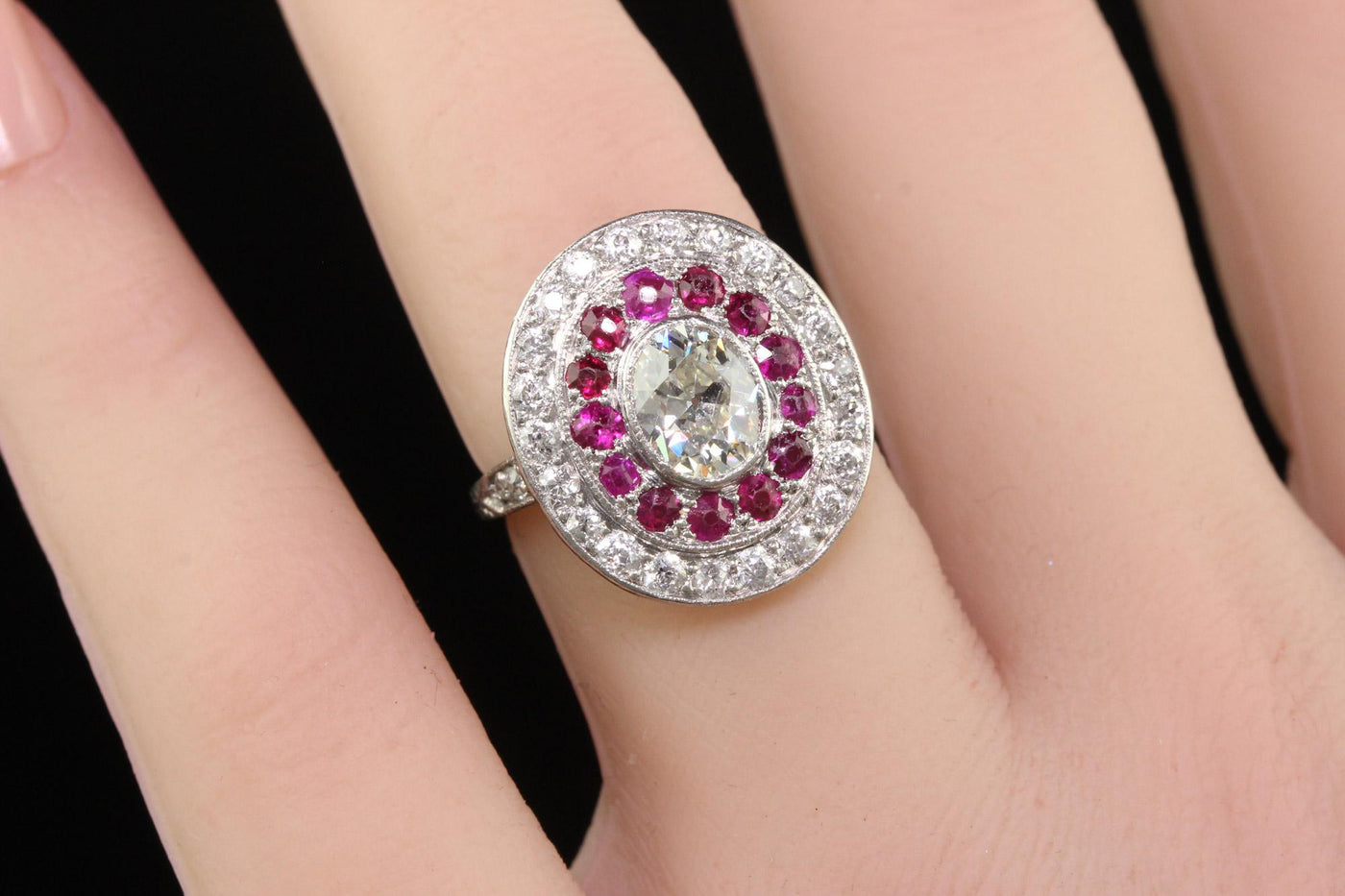 Antique Edwardian Platinum Old Mine Oval Diamond and Ruby Engagement Ring