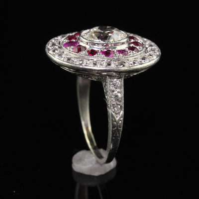 Antique Edwardian Platinum Old Mine Oval Diamond and Ruby Engagement Ring