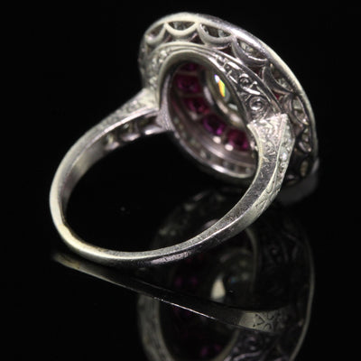 Antique Edwardian Platinum Old Mine Oval Diamond and Ruby Engagement Ring