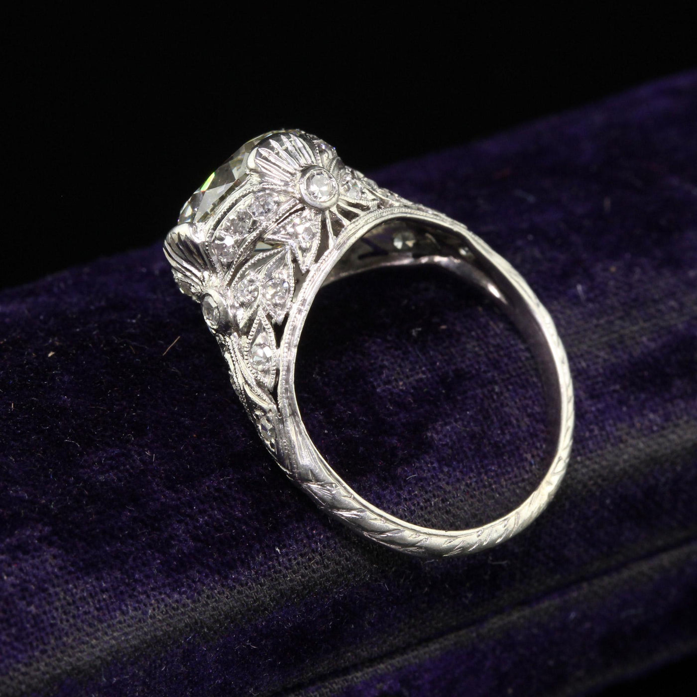 Antique Edwardian Platinum Old Cut Diamond Floral Engagement Ring - GIA