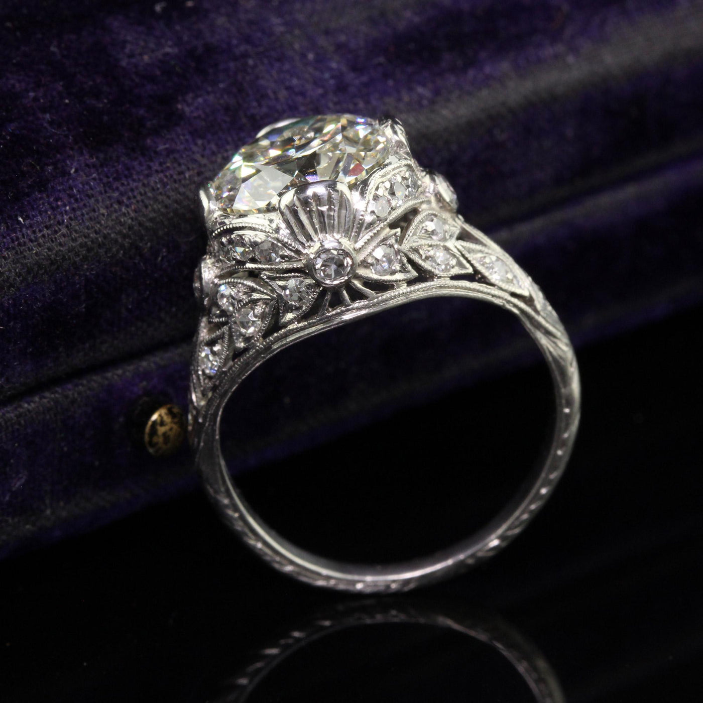 Antique Edwardian Platinum Old Cut Diamond Floral Engagement Ring - GIA