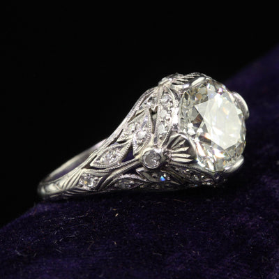 Antique Edwardian Platinum Old Cut Diamond Floral Engagement Ring - GIA