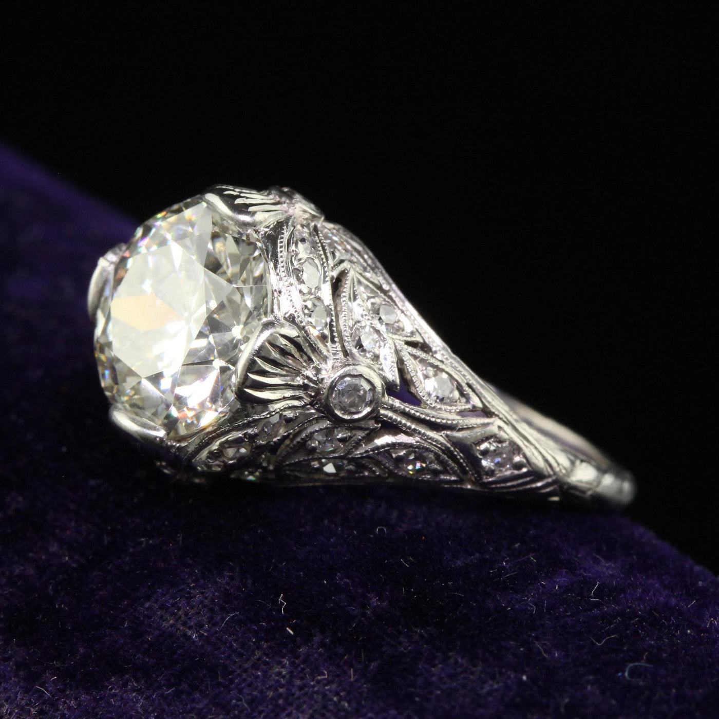 Antique Edwardian Platinum Old Cut Diamond Floral Engagement Ring - GIA