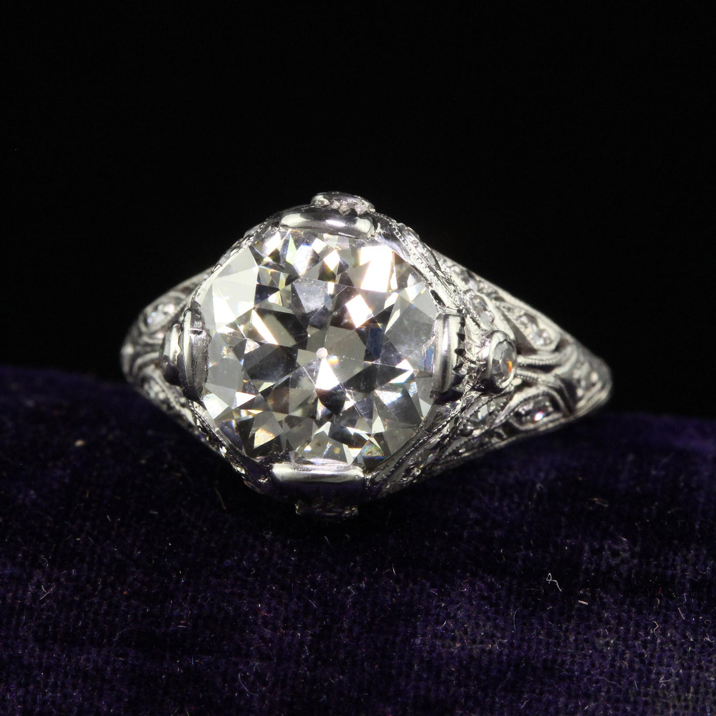 Antique Edwardian Platinum Old Cut Diamond Floral Engagement Ring - GIA