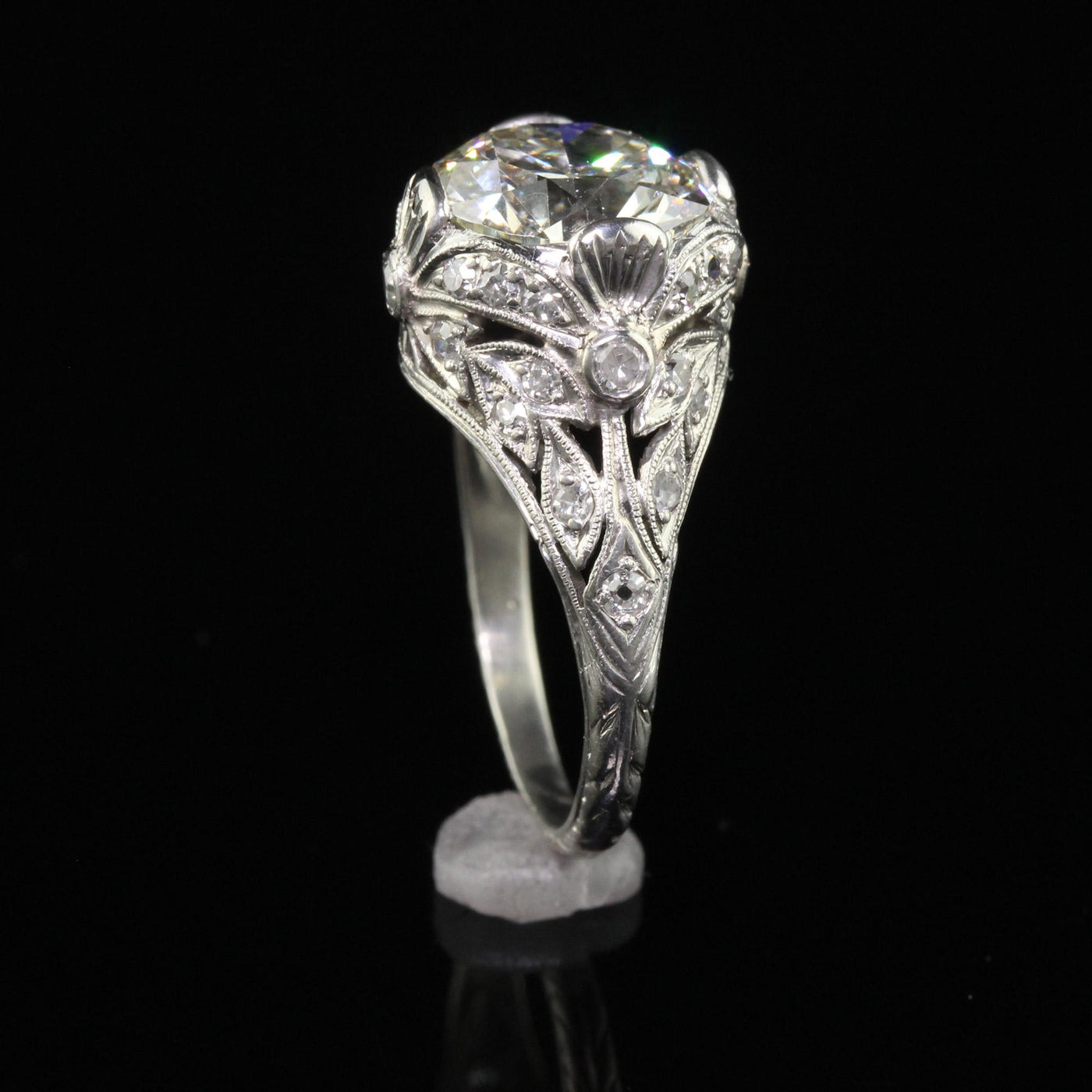 Antique Edwardian Platinum Old Cut Diamond Floral Engagement Ring - GIA