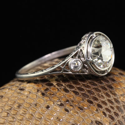 Antique Edwardian Platinum Old European Diamond Filigree Engagement Ring - GIA