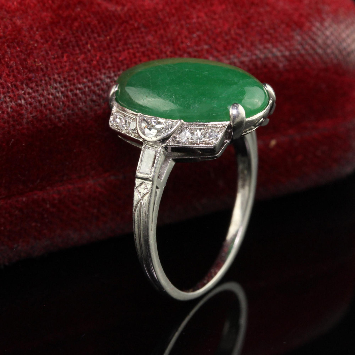 Antique Art Deco Platinum Natural Fei Cui Jade and Diamond Cocktail Ring - GIA