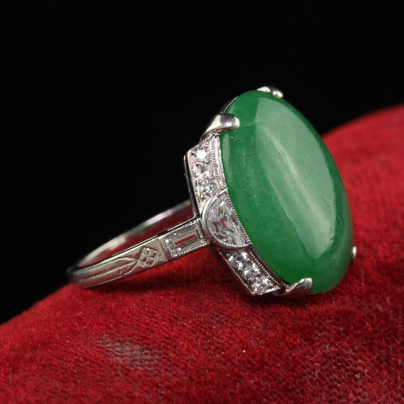 Antique Art Deco Platinum Natural Fei Cui Jade and Diamond Cocktail Ring - GIA