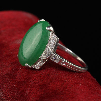 Antique Art Deco Platinum Natural Fei Cui Jade and Diamond Cocktail Ring - GIA