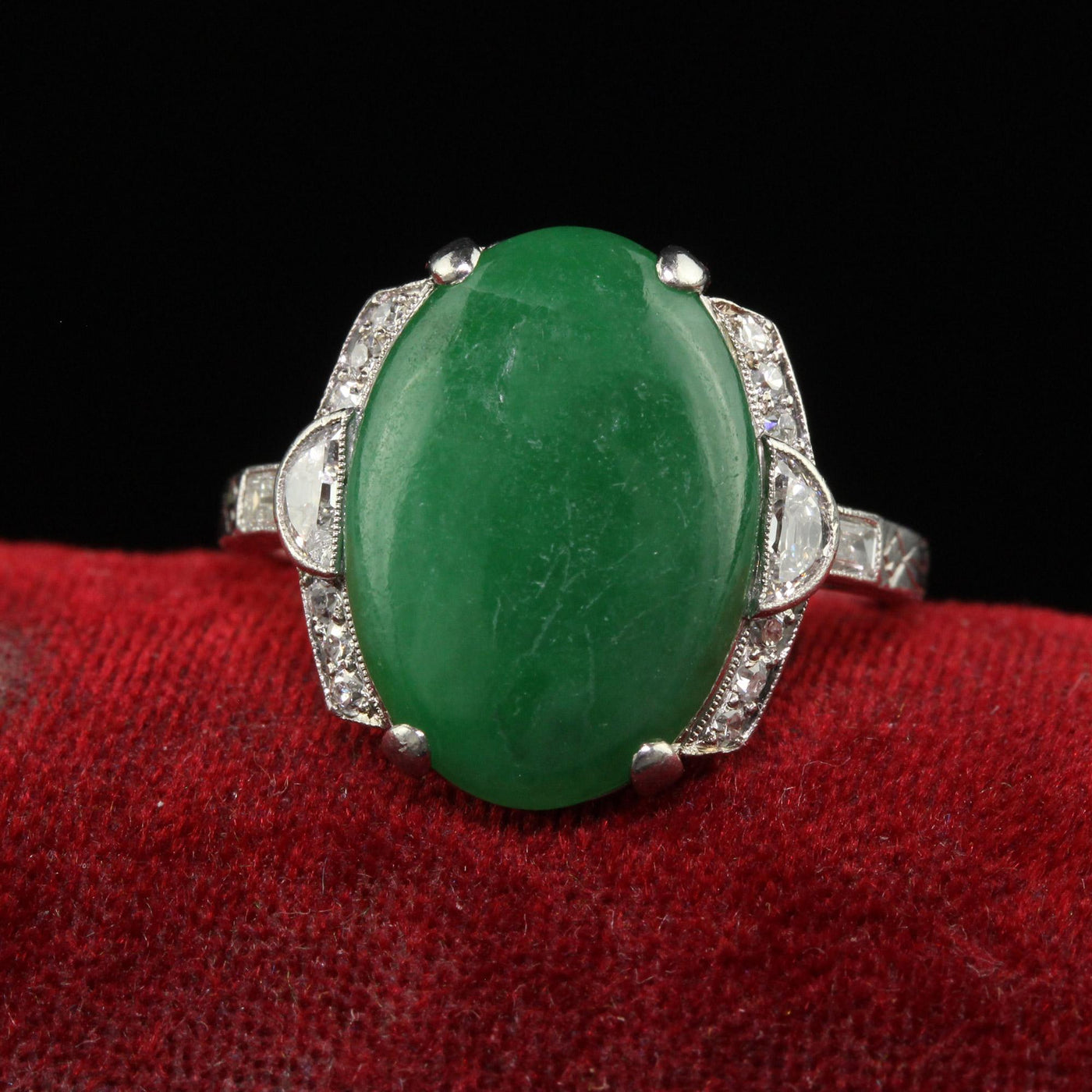 Antique Art Deco Platinum Natural Fei Cui Jade and Diamond Cocktail Ring - GIA