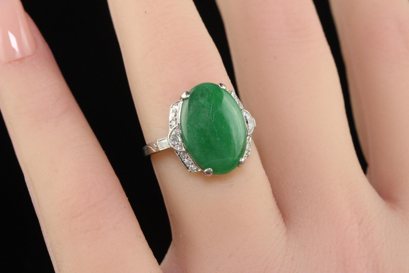 Antique Art Deco Platinum Natural Fei Cui Jade and Diamond Cocktail Ring - GIA