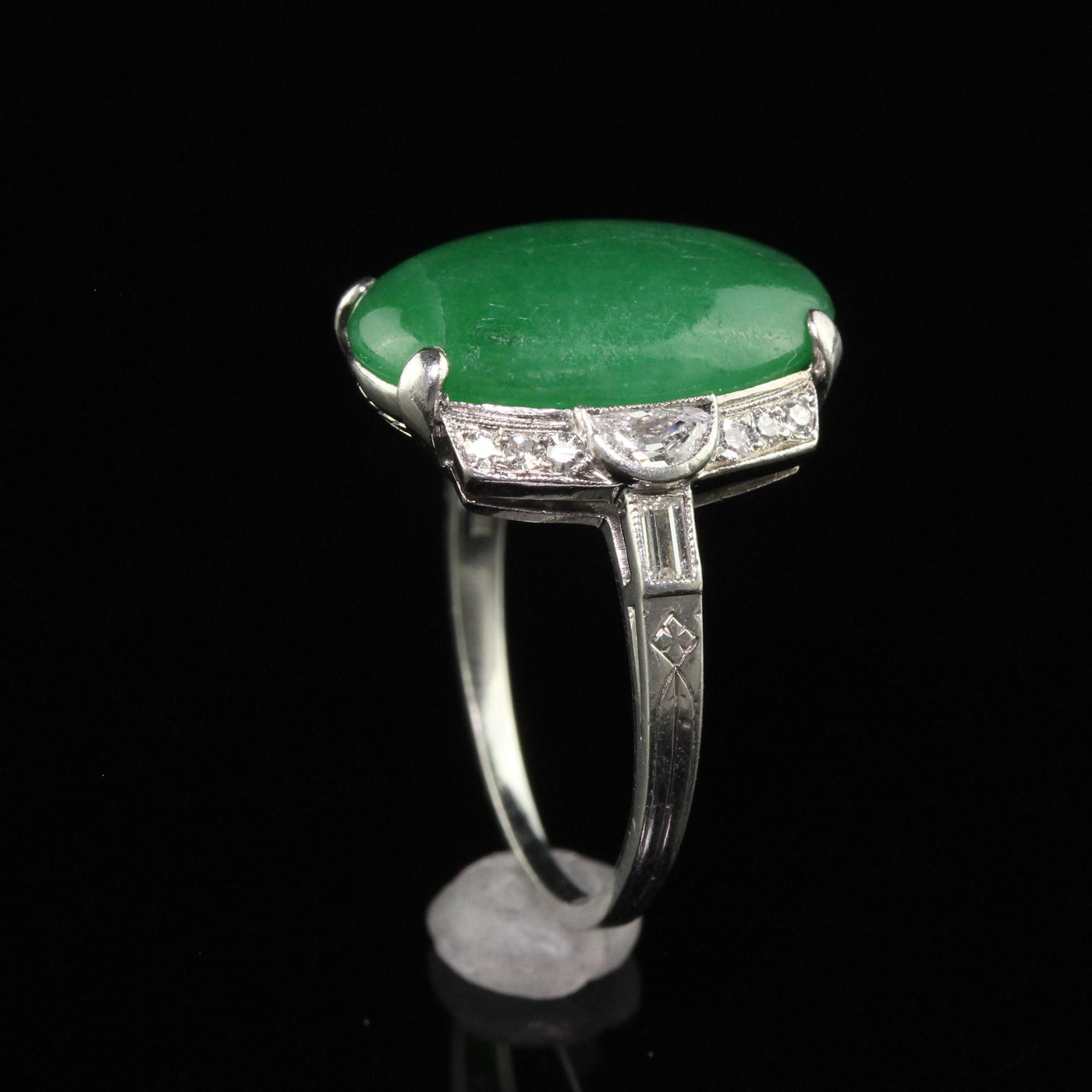 Antique Art Deco Platinum Natural Fei Cui Jade and Diamond Cocktail Ring - GIA