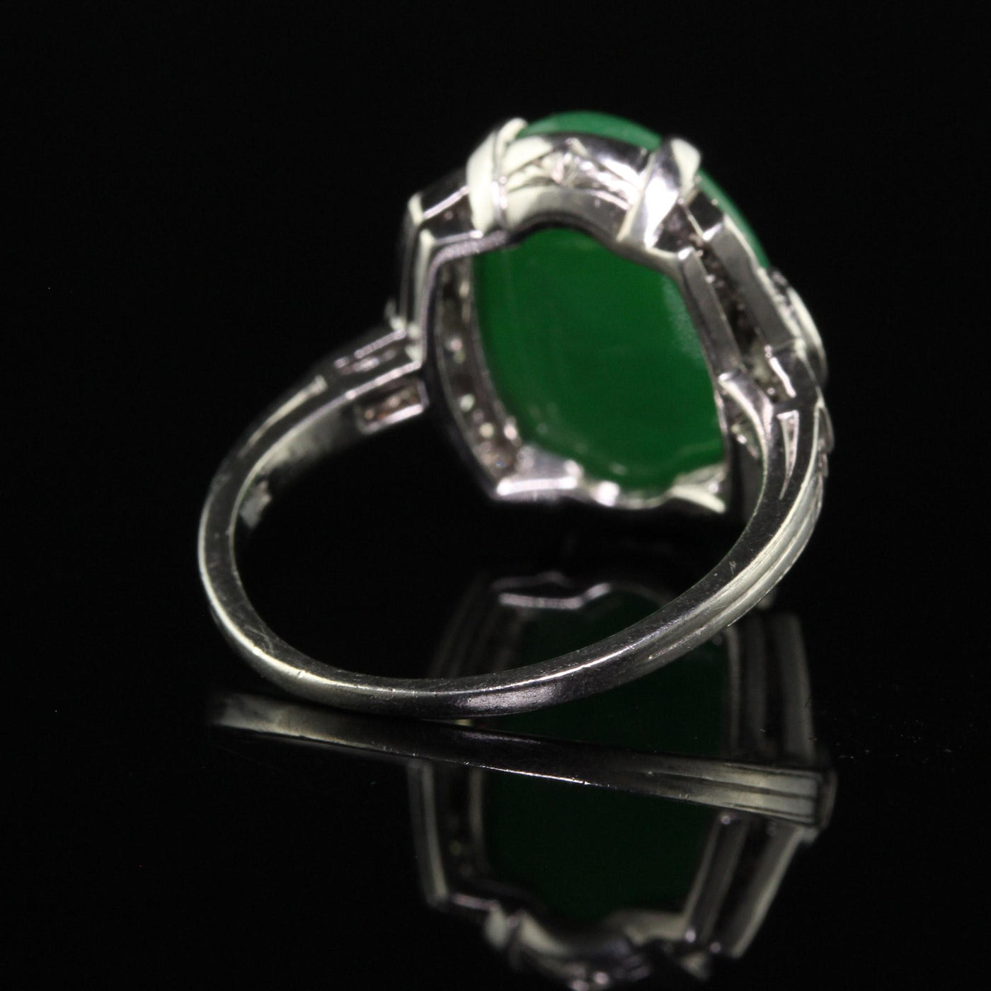 Antique Art Deco Platinum Natural Fei Cui Jade and Diamond Cocktail Ring - GIA