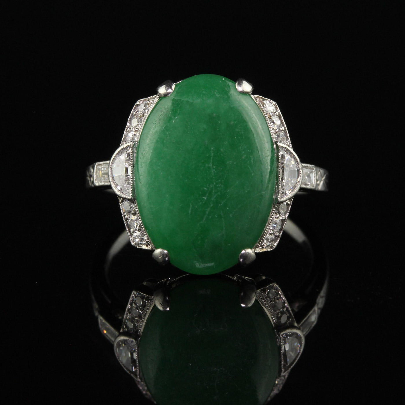 Antique Art Deco Platinum Natural Fei Cui Jade and Diamond Cocktail Ring - GIA