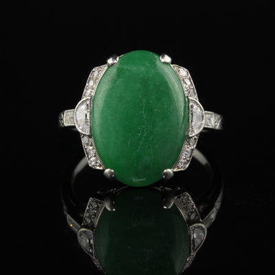 Antique Art Deco Platinum Natural Fei Cui Jade and Diamond Cocktail Ring - GIA