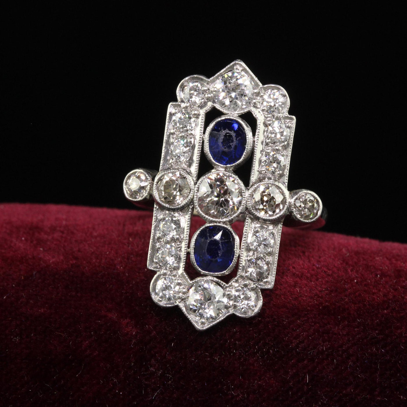 Antique Art Deco 18K White Gold Platinum Old Euro Diamond Sapphire Shield Ring