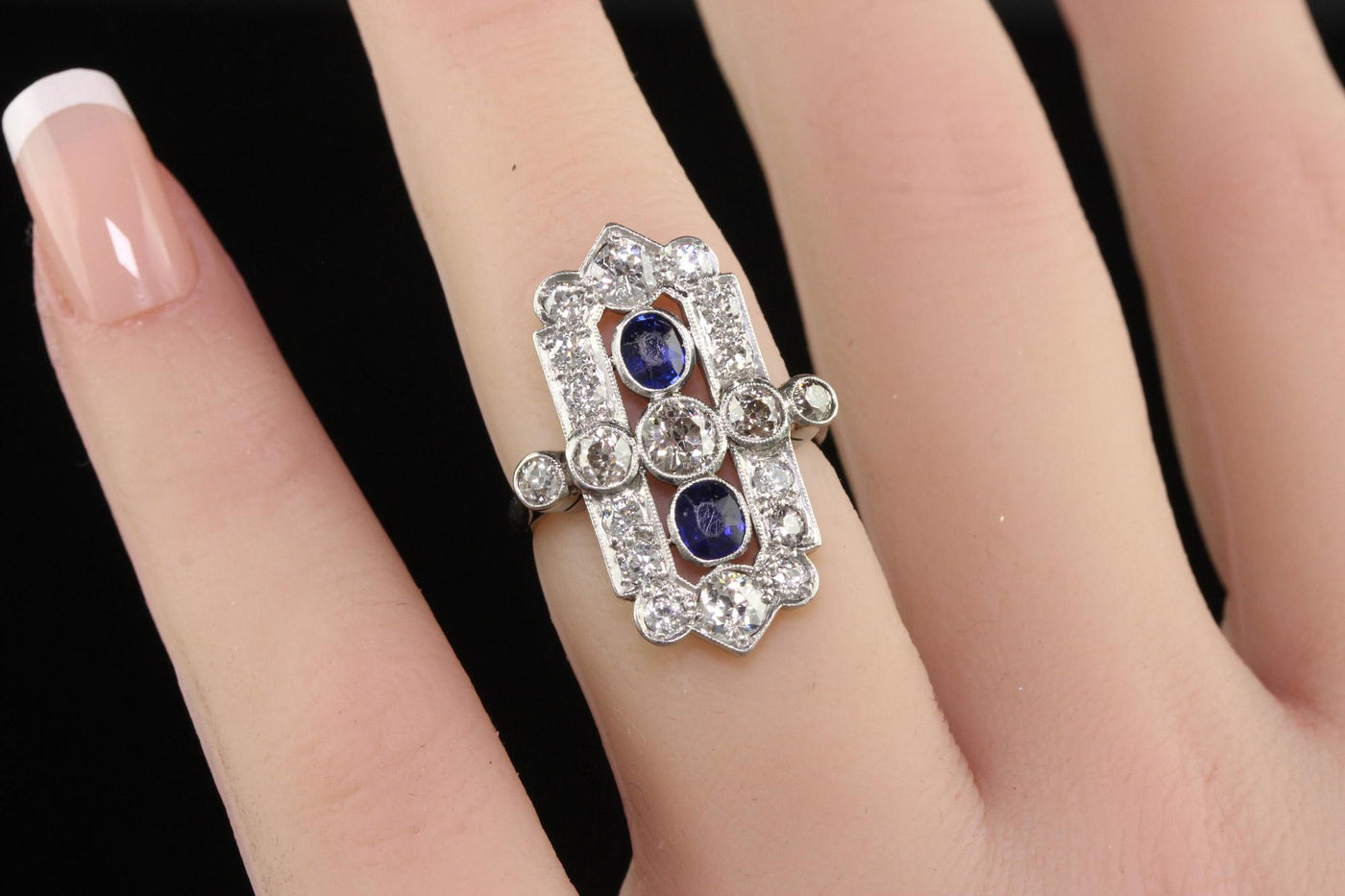 Antique Art Deco 18K White Gold Platinum Old Euro Diamond Sapphire Shield Ring