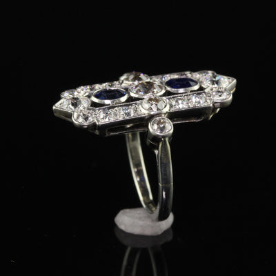 Antique Art Deco 18K White Gold Platinum Old Euro Diamond Sapphire Shield Ring