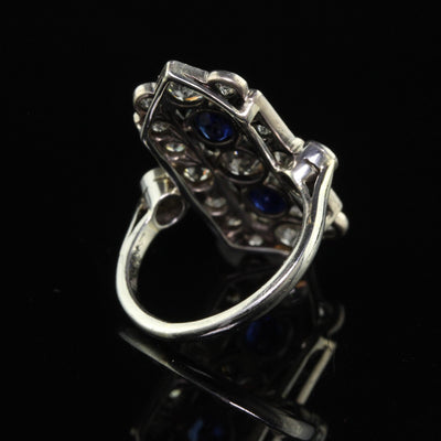 Antique Art Deco 18K White Gold Platinum Old Euro Diamond Sapphire Shield Ring