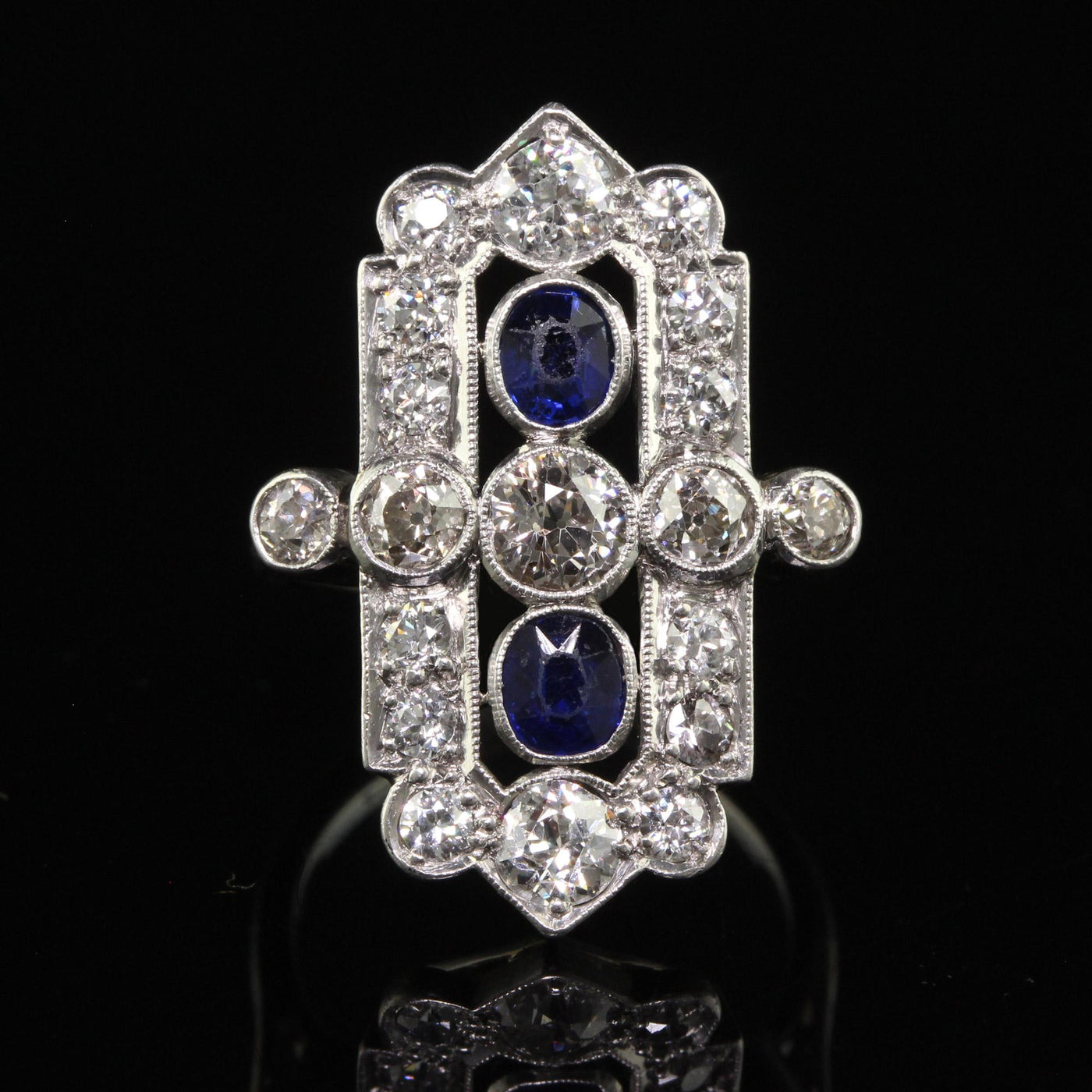 Antique Art Deco 18K White Gold Platinum Old Euro Diamond Sapphire Shield Ring