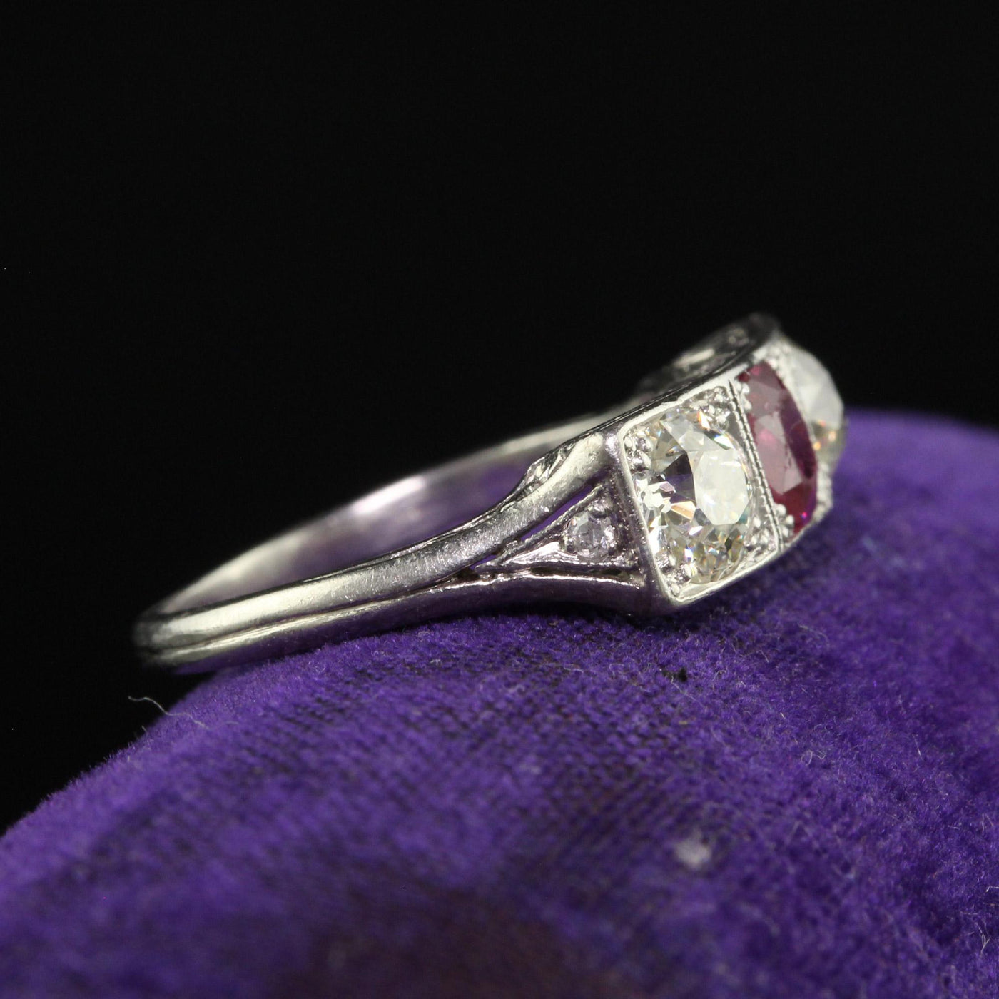 Antique Edwardian Platinum Old Cut Asscher Ruby and Diamond Three Stone Ring