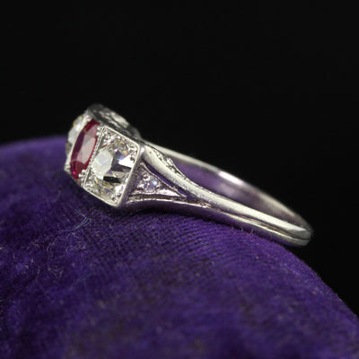 Antique Edwardian Platinum Old Cut Asscher Ruby and Diamond Three Stone Ring