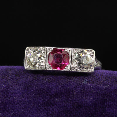 Antique Edwardian Platinum Old Cut Asscher Ruby and Diamond Three Stone Ring