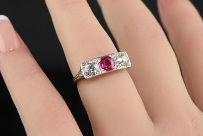 Antique Edwardian Platinum Old Cut Asscher Ruby and Diamond Three Stone Ring