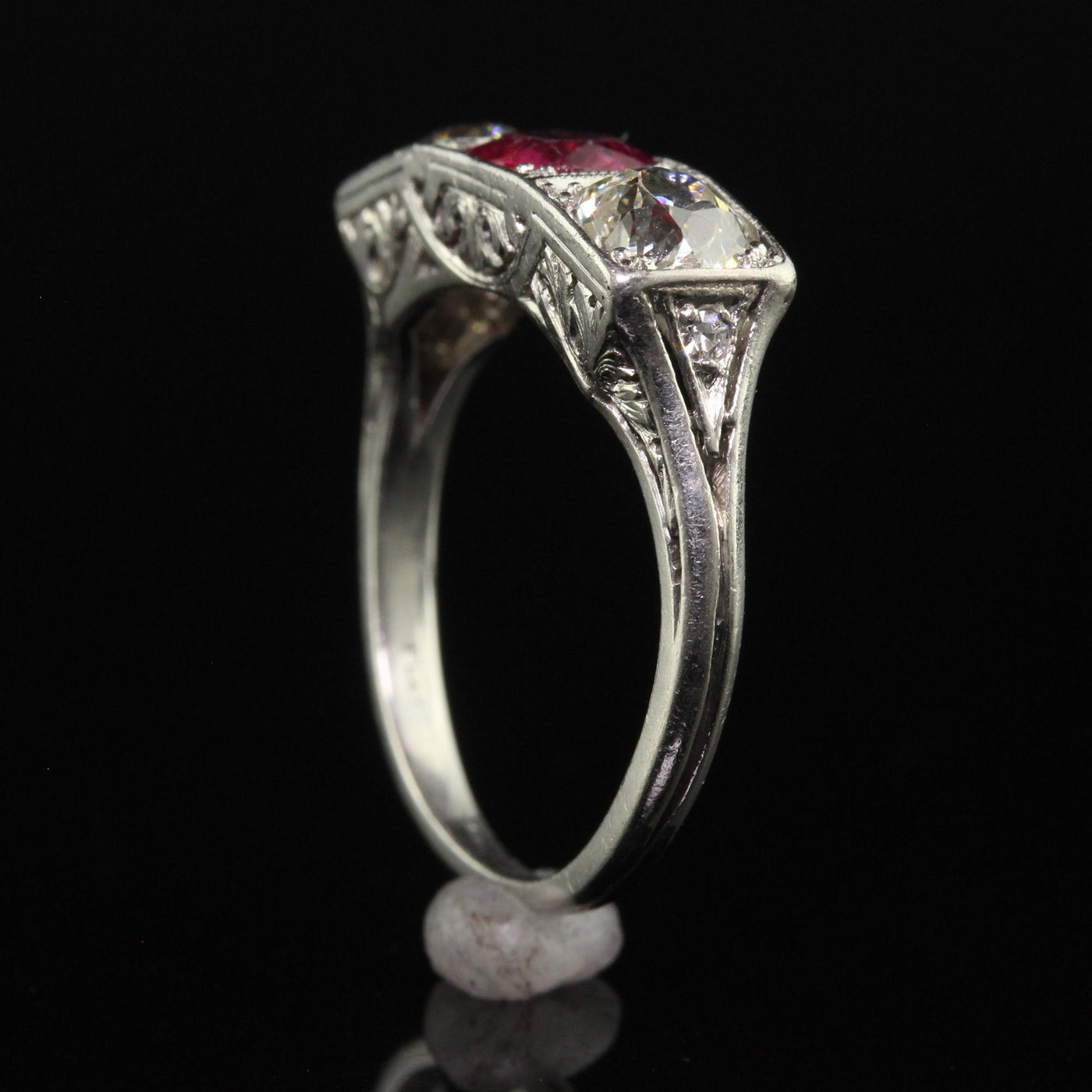 Antique Edwardian Platinum Old Cut Asscher Ruby and Diamond Three Stone Ring