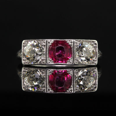 Antique Edwardian Platinum Old Cut Asscher Ruby and Diamond Three Stone Ring