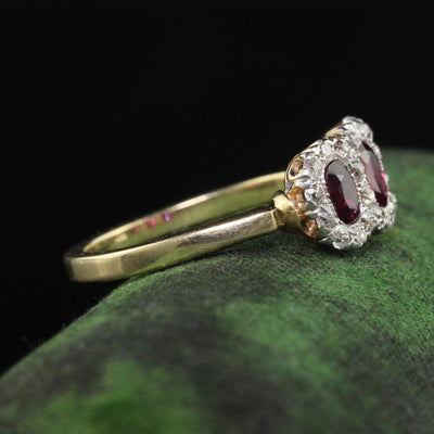 Antique Edwardian 12K Gold Platinum Ruby and Old Mine Diamond Three Stone Ring