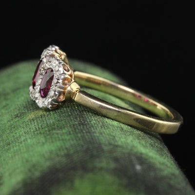 Antique Edwardian 12K Gold Platinum Ruby and Old Mine Diamond Three Stone Ring