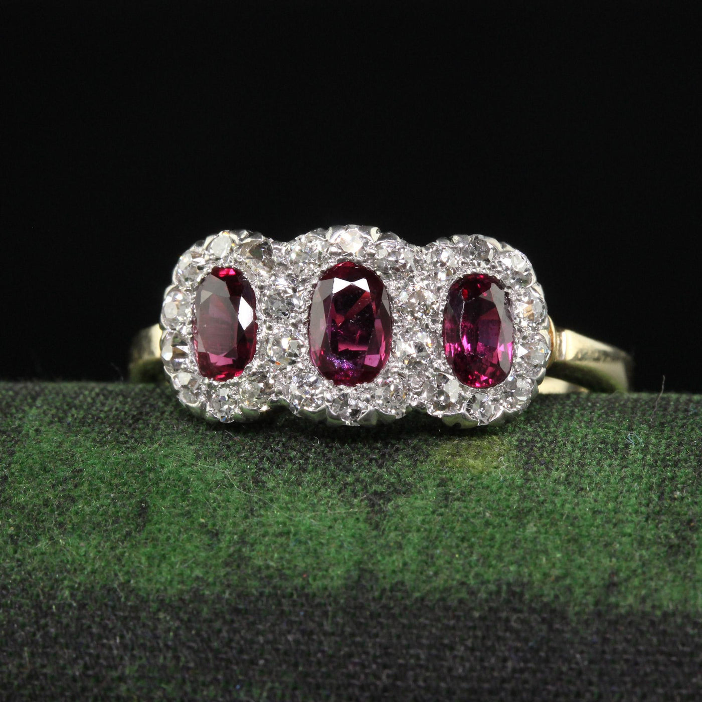 Antique Edwardian 12K Gold Platinum Ruby and Old Mine Diamond Three Stone Ring