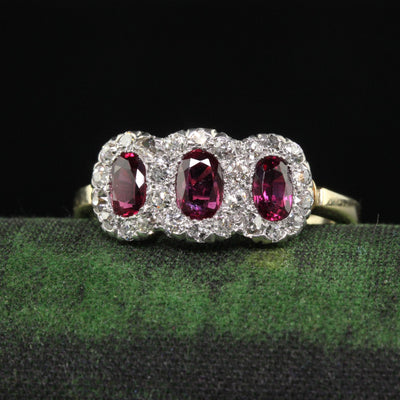 Antique Edwardian 12K Gold Platinum Ruby and Old Mine Diamond Three Stone Ring