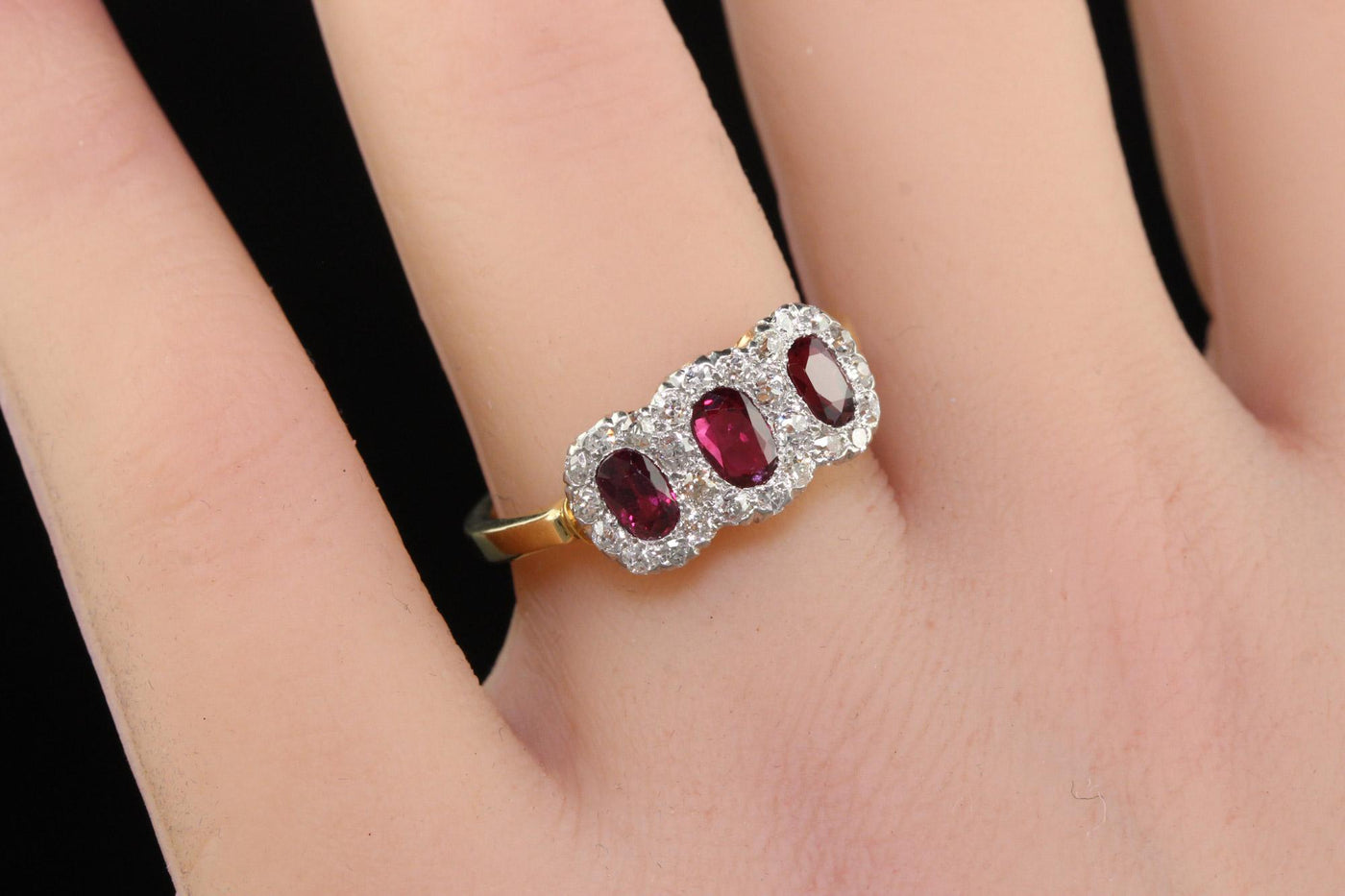 Antique Edwardian 12K Gold Platinum Ruby and Old Mine Diamond Three Stone Ring