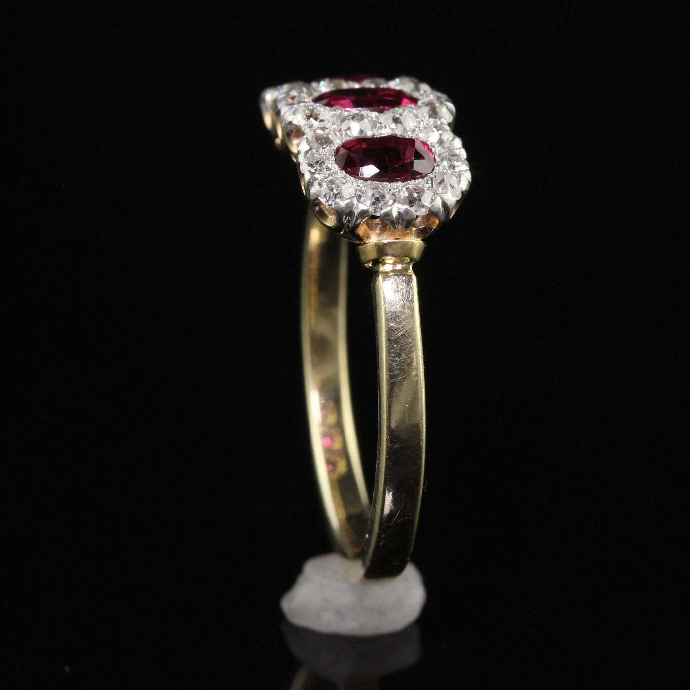 Antique Edwardian 12K Gold Platinum Ruby and Old Mine Diamond Three Stone Ring