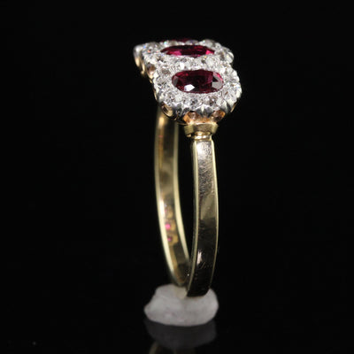 Antique Edwardian 12K Gold Platinum Ruby and Old Mine Diamond Three Stone Ring