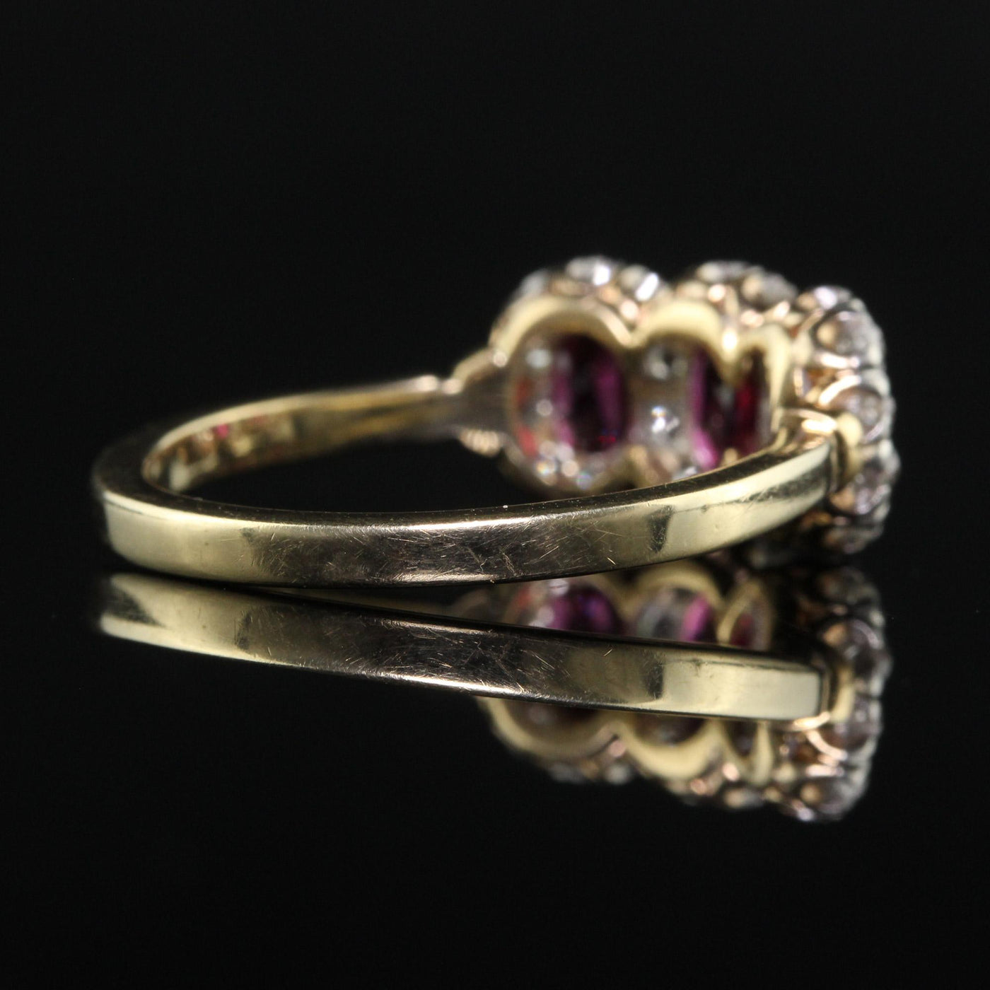 Antique Edwardian 12K Gold Platinum Ruby and Old Mine Diamond Three Stone Ring