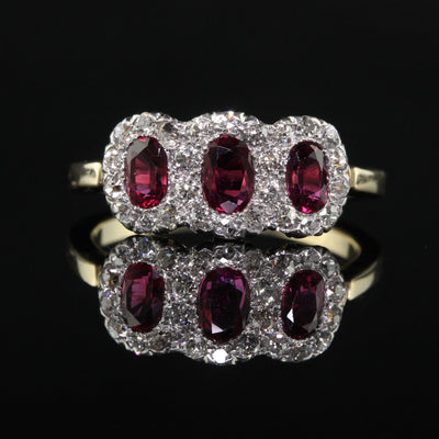 Antique Edwardian 12K Gold Platinum Ruby and Old Mine Diamond Three Stone Ring