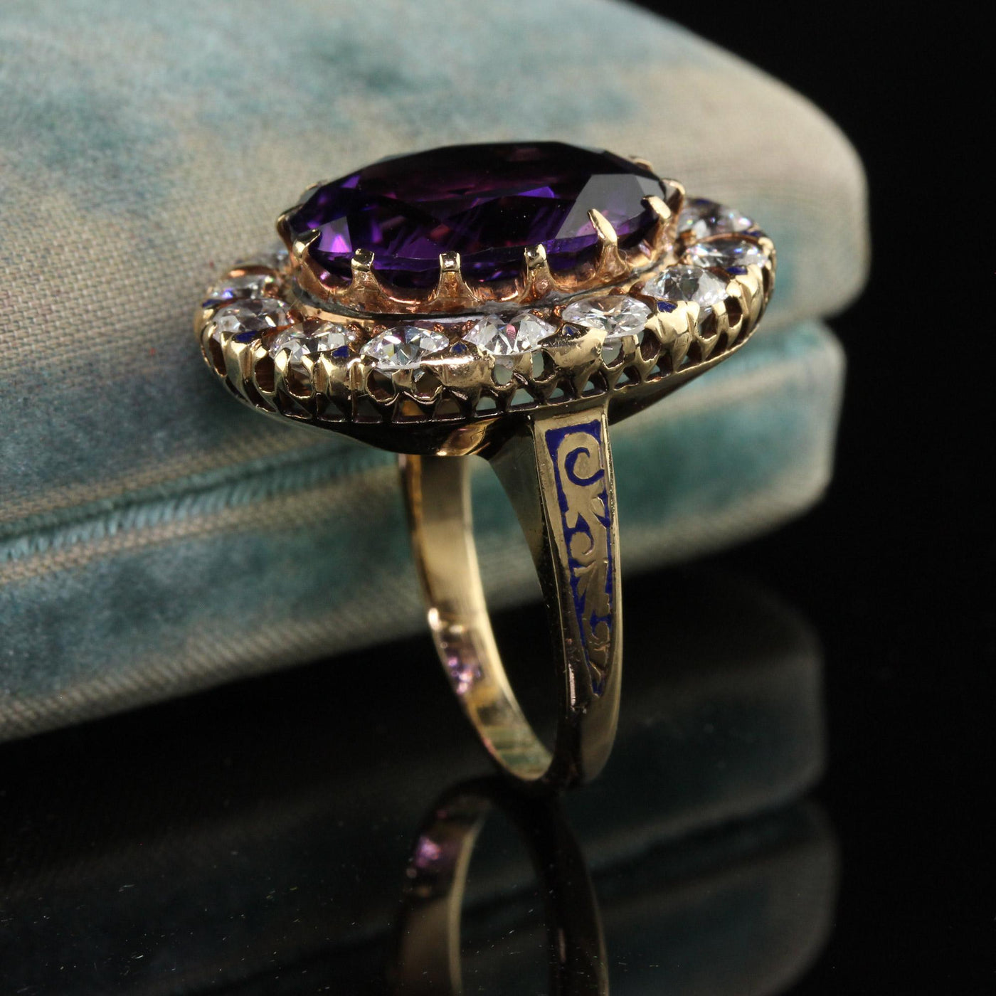 Vintage Estate Victorian Revival 14K Gold Old Euro Diamond and Amethyst Ring