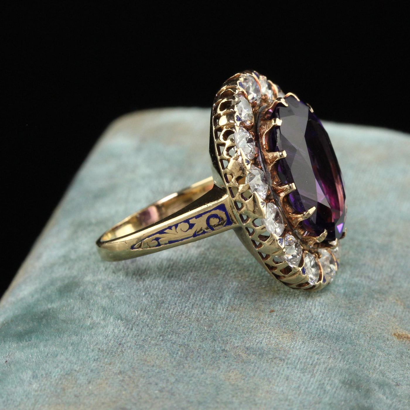 Vintage Estate Victorian Revival 14K Gold Old Euro Diamond and Amethyst Ring