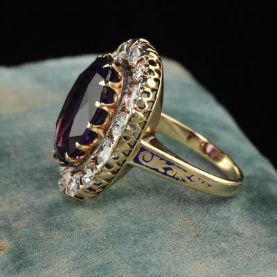 Vintage Estate Victorian Revival 14K Gold Old Euro Diamond and Amethyst Ring