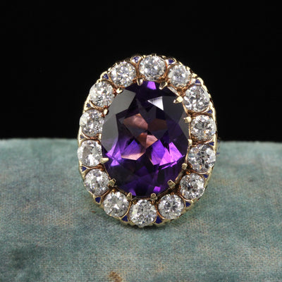 Vintage Estate Victorian Revival 14K Gold Old Euro Diamond and Amethyst Ring