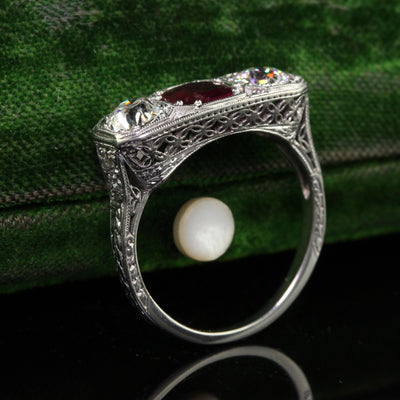 Antique Edwardian Platinum Old Euro Diamond and No Heat Ruby Three Stone Ring