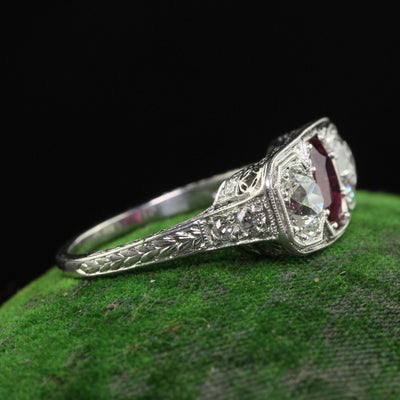 Antique Edwardian Platinum Old Euro Diamond and No Heat Ruby Three Stone Ring