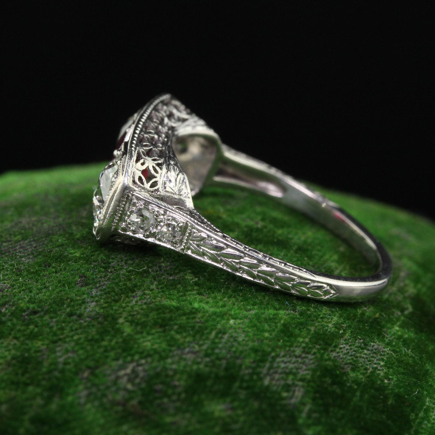 Antique Edwardian Platinum Old Euro Diamond and No Heat Ruby Three Stone Ring