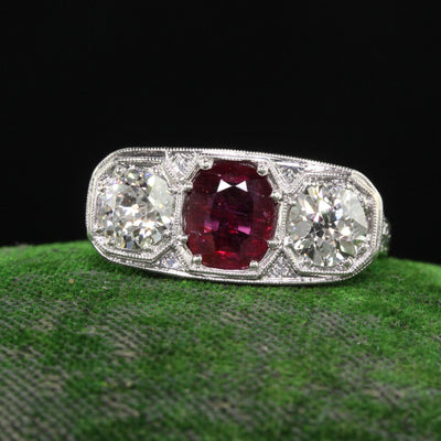 Antique Edwardian Platinum Old Euro Diamond and No Heat Ruby Three Stone Ring